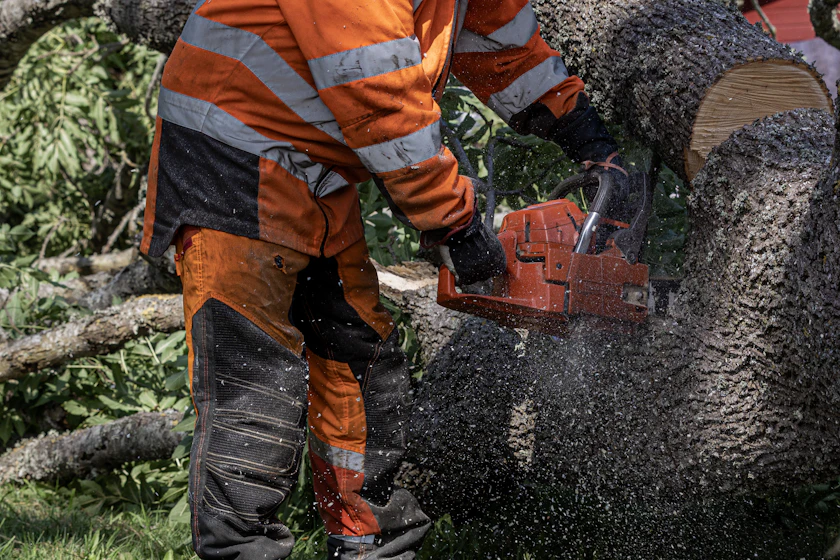 A sawyer setting the face cut at the base of a bare dead elm